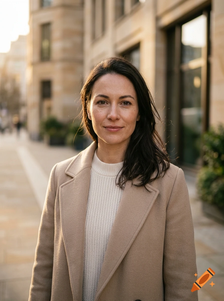 Photorealistic portrait of a woman with dark hair wearing a beige coat and white sweater outdoors in a city street.
