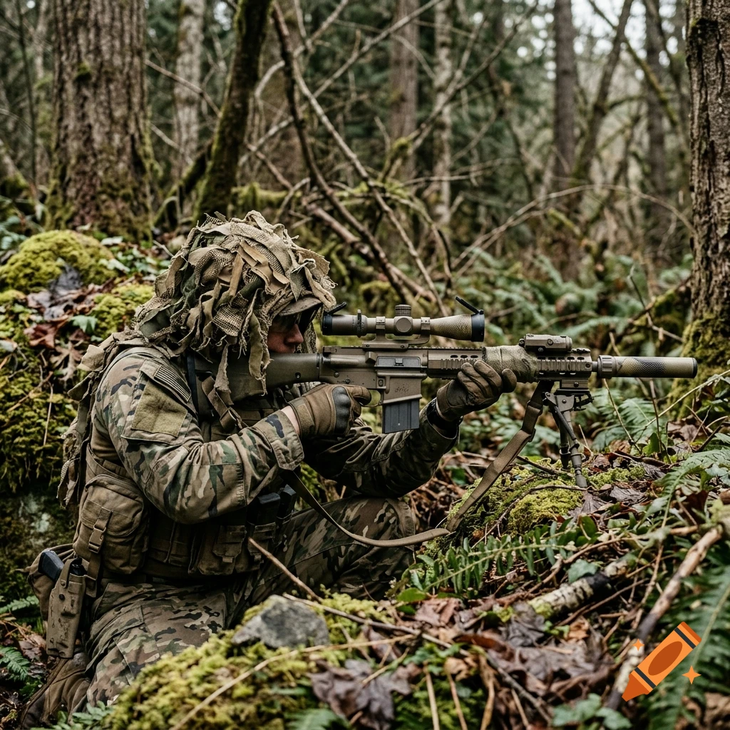A recon sniper in a woodland ghillie hood and camo uniform aiming an M110 sniper rifle in a forest.