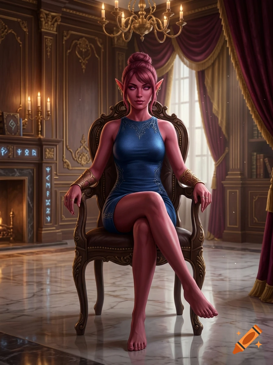 A pink-skinned elf woman with pointed ears and reddish hair tied up in a bun sits in an ornate armchair inside a grand room with dark wood paneling, a fireplace, and draped curtains.