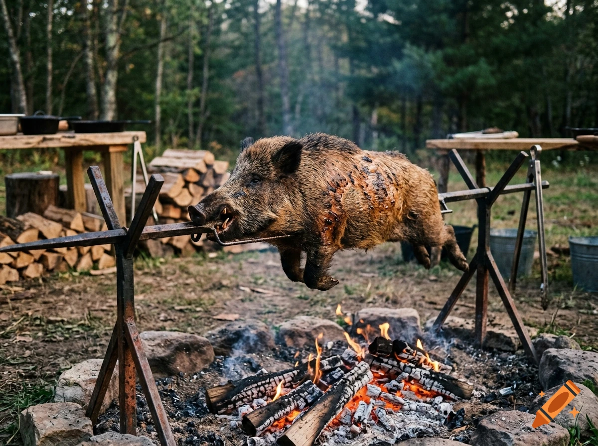 Photorealistic image of a wild boar roasting on a spit over a campfire in a forest setting.