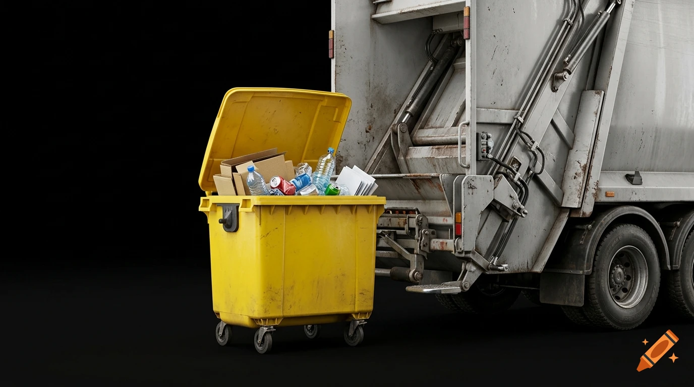 Photorealistic image of a yellow recycling bin filled with waste next to a garbage truck against a black background.