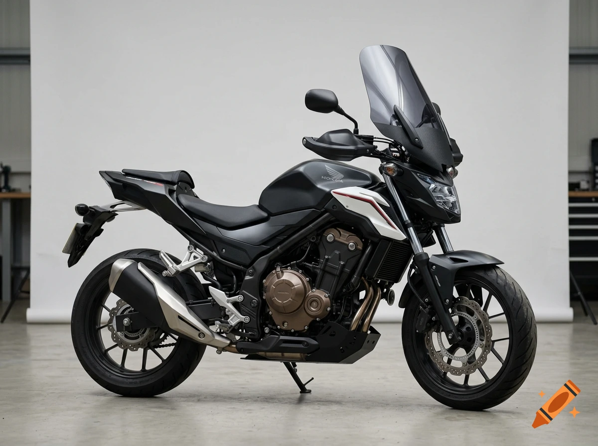 A black Honda motorcycle parked in a studio with a white backdrop.