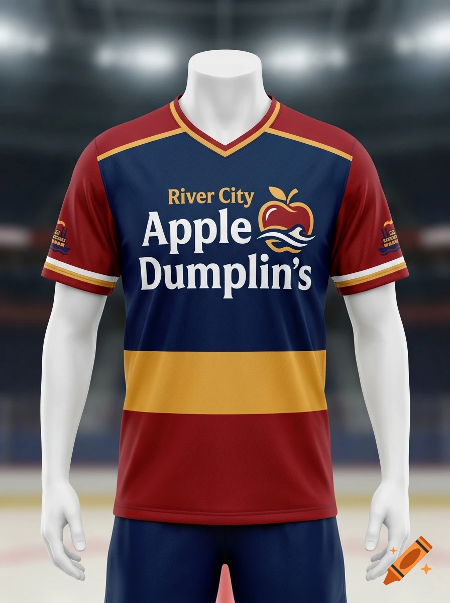 Photorealistic image of a blue, red, and yellow sports jersey on a mannequin, featuring the text River City Apple Dumplin's.