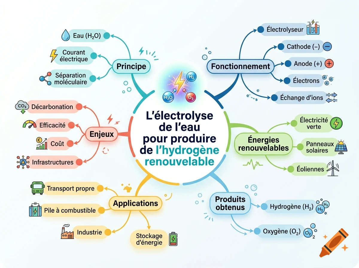 Mind map in French detailing water electrolysis for renewable hydrogen production, with colorful icons and text nodes.