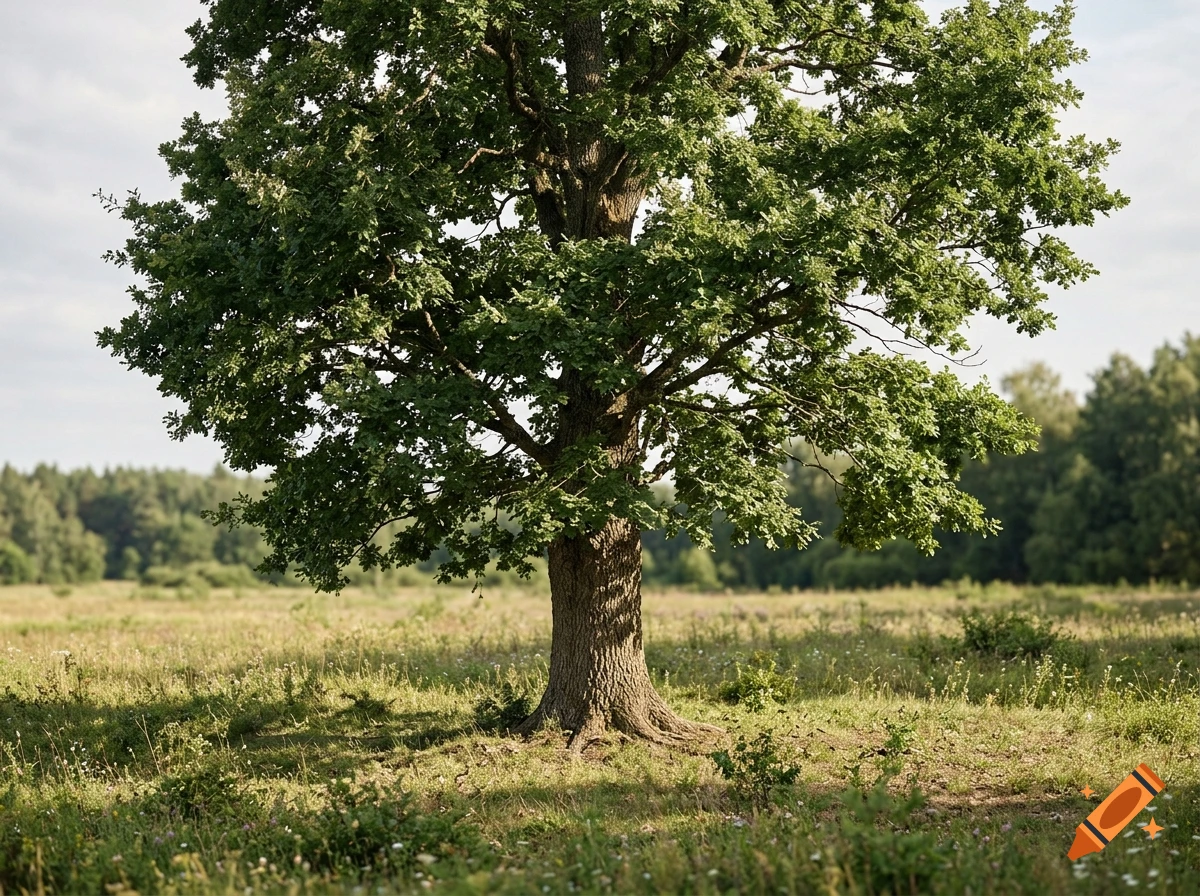 A large, leafy green oak tree stands centrally in a sunlit grassy field with a distant forest line under a clear sky.