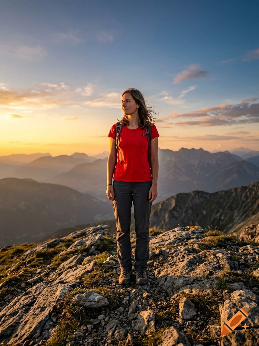 Photorealistic image of a young woman standing on a mountain peak at sunset, wearing a red t-shirt and grey trousers.
