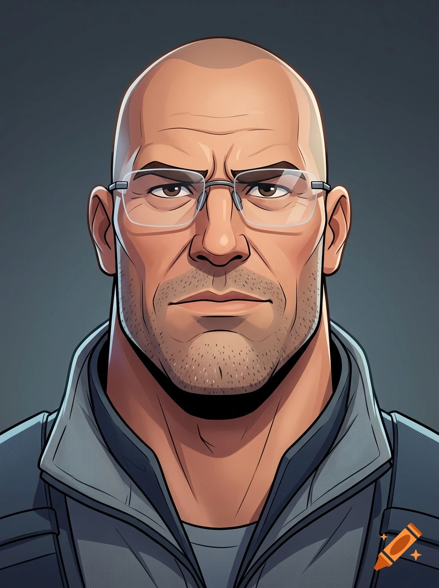 Cartoon-style portrait of a bald man with stubble and rimless glasses, wearing a gray jacket.