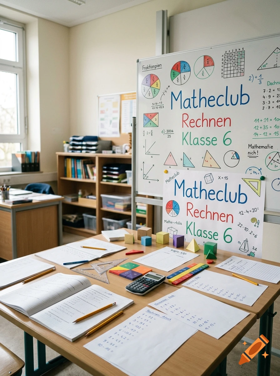 Photorealistic classroom with a whiteboard displaying math diagrams and the text Matheclub Rechnen Klasse 6.