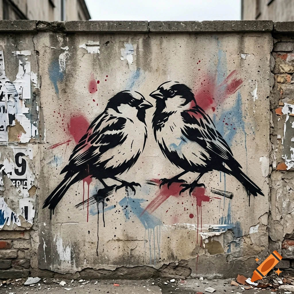 Banksy style stencil graffiti of two sparrows facing each other on a weathered concrete wall with red and blue paint splatters.