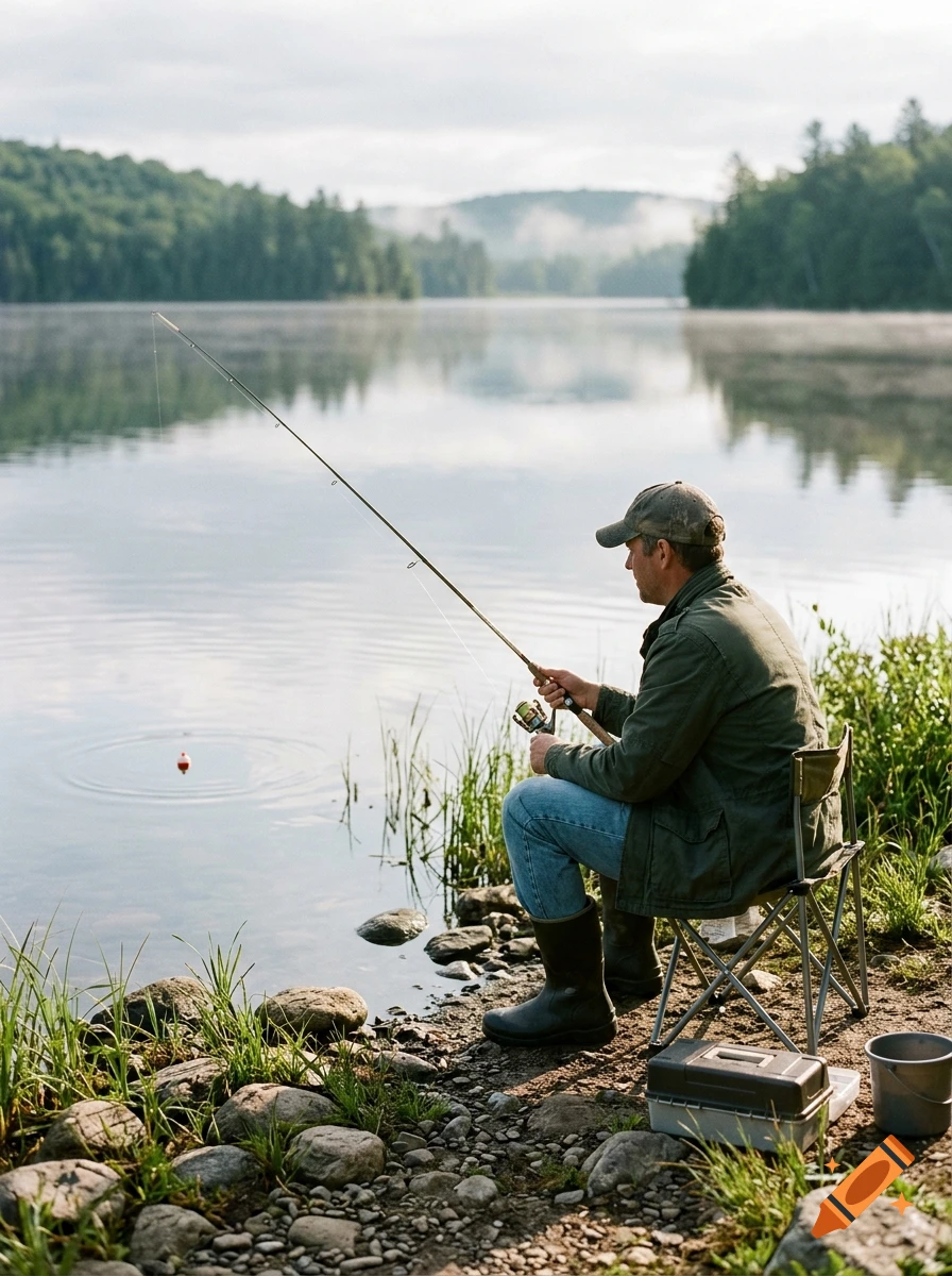 A man in a green jacket and cap sits on a folding chair by a misty lake, holding a fishing rod.