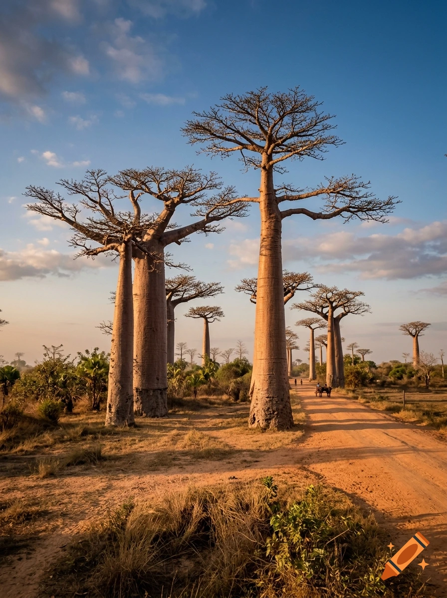 Photorealistic landscape of the Avenue of the Baobabs in Madagascar with large baobab trees along a dirt road at sunset.