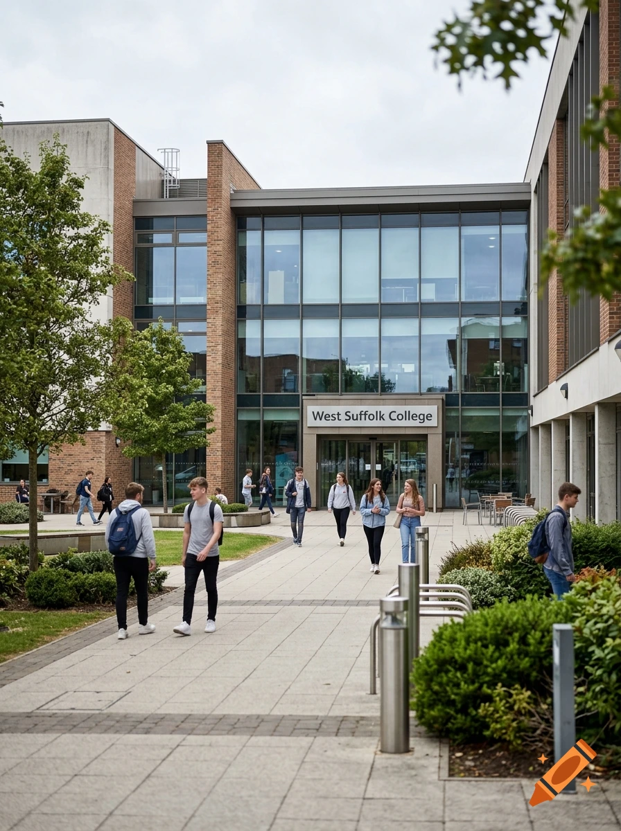 Photorealistic image of students walking toward the entrance of West Suffolk College.