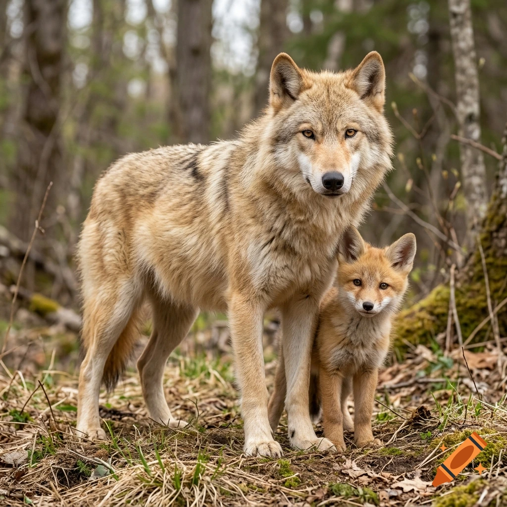 Photorealistic image of a sand-colored wolf and a small fox standing together in a forest.