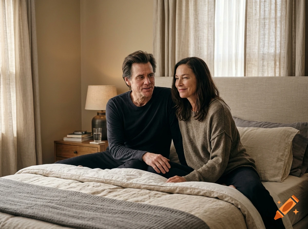 Photorealistic depiction of Jim Carrey and Amanda Donohoe sitting together on a neatly made bed in a bedroom.