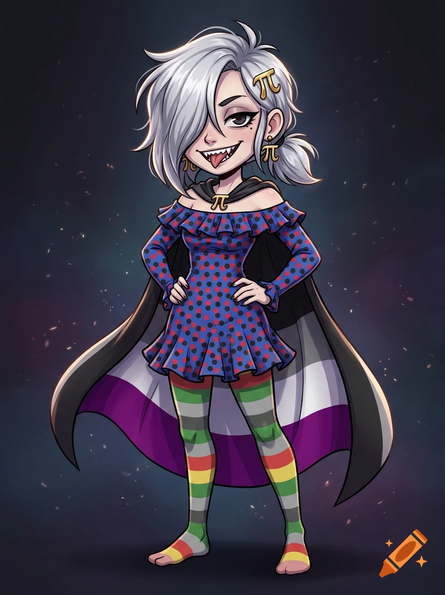 Digital illustration of a youthful anime-style woman with silver hair, sharp teeth, wearing a blue polka-dot dress and a pride cape.