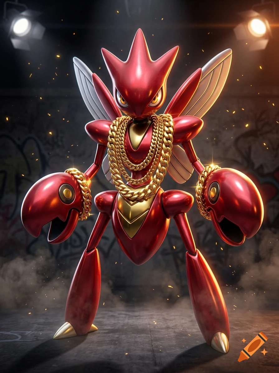 3D render of Scizor from Pokémon wearing heavy gold chains in a studio setting with dramatic lighting.