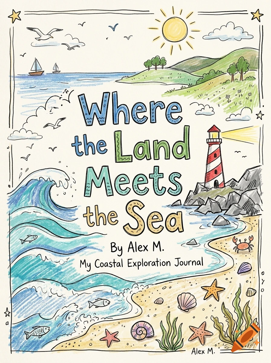 Crayon and colored pencil illustration of a coastal landscape with a lighthouse, beach, and ocean, featuring the title Where the Land Meets the Sea.