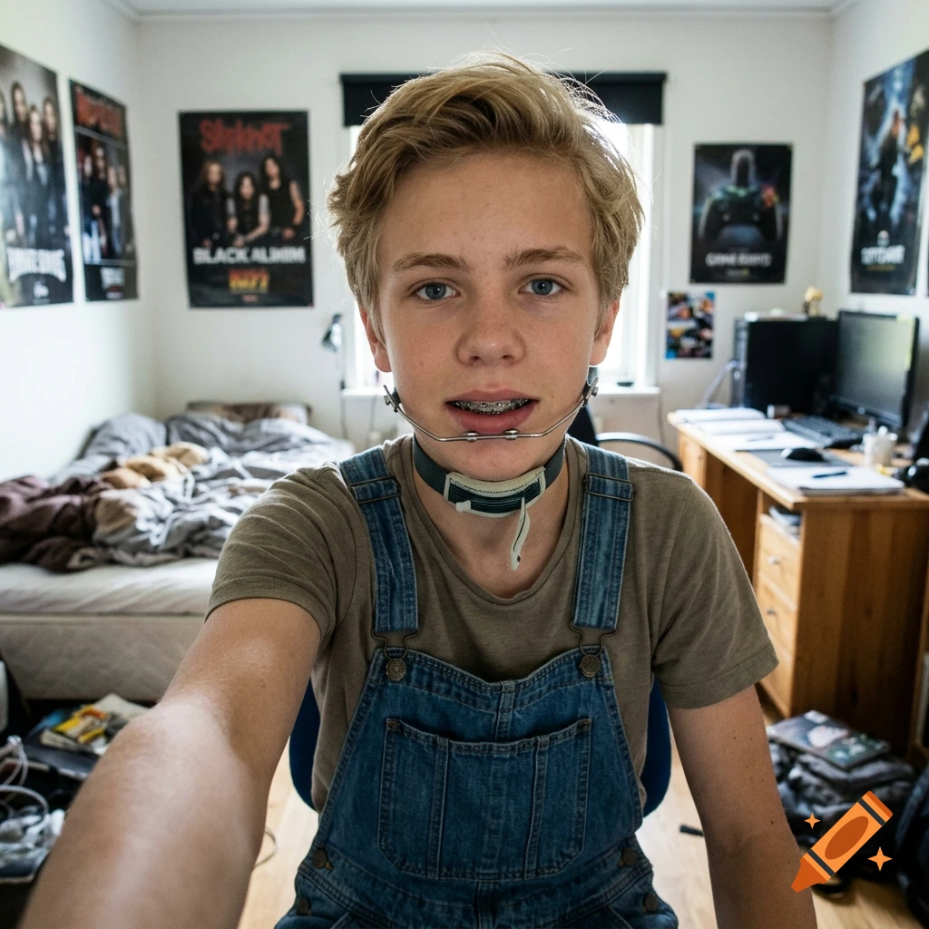 Photorealistic selfie of a 16-year-old Swedish boy with blonde hair and blue eyes, wearing overalls and a headgear orthodontic appliance in his bedroom.