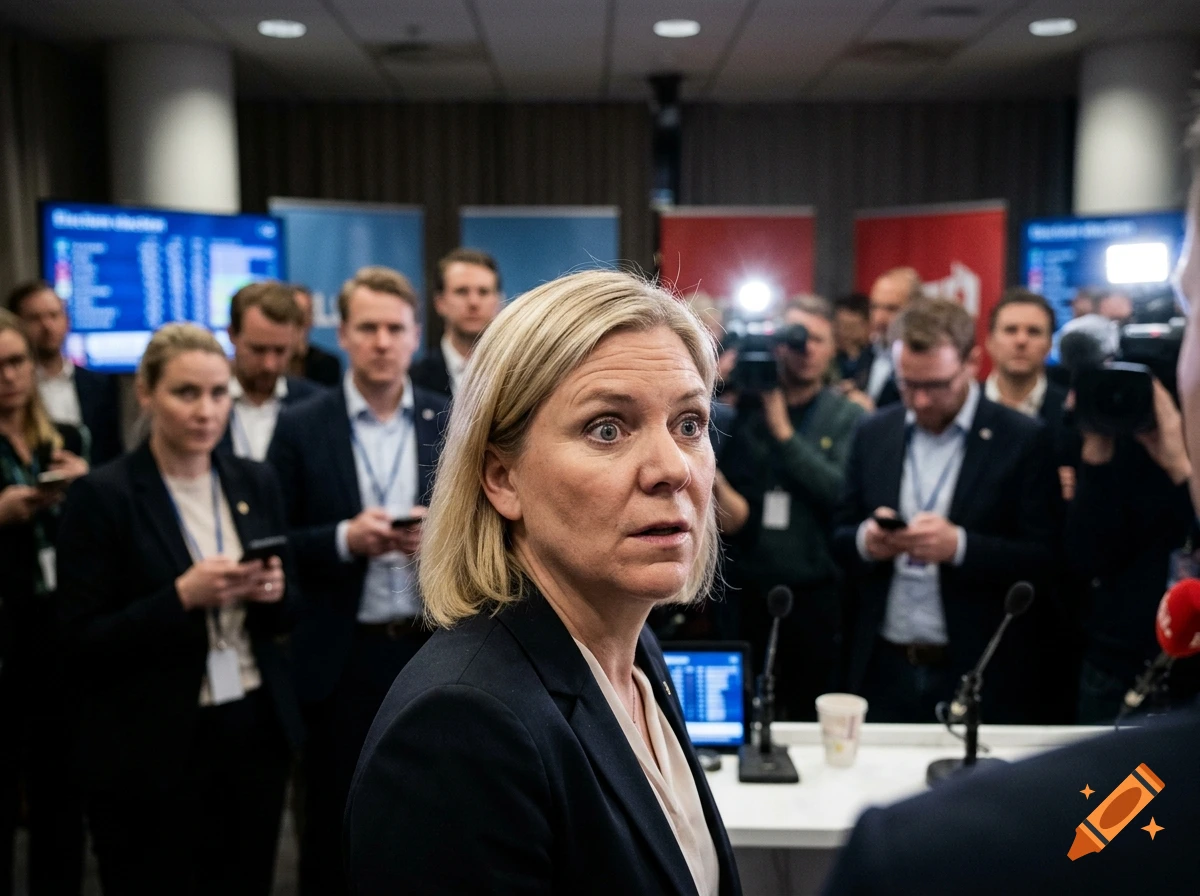 Photorealistic medium shot of Magdalena Andersson looking shocked surrounded by reporters and cameras in a press room.