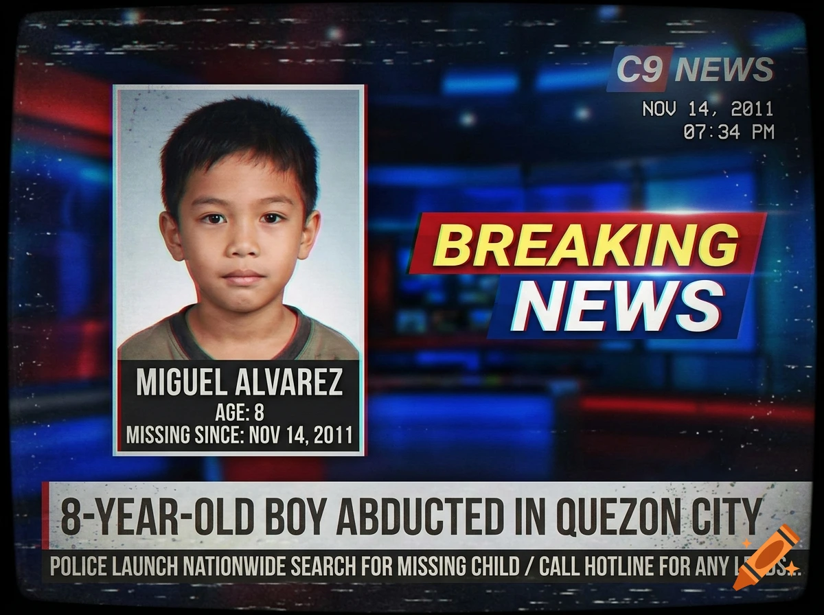 VHS-style breaking news broadcast graphic reporting an 8-year-old missing boy in Quezon City.