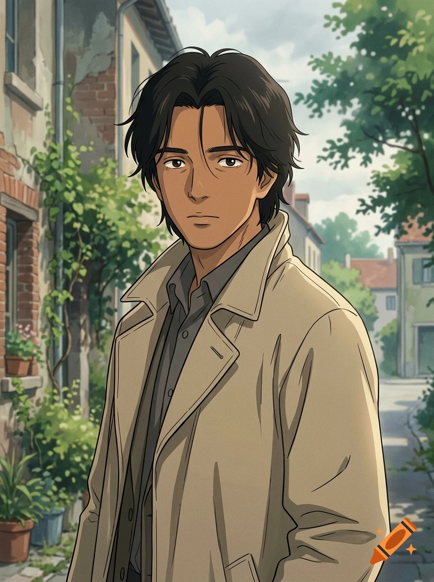 Anime style portrait of a man with dark hair and a tan trench coat standing in a European alleyway.