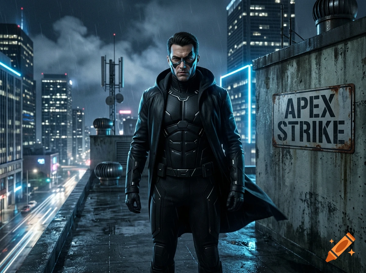Photorealistic villain Apex Strike in black armor and coat standing on a rainy city rooftop.