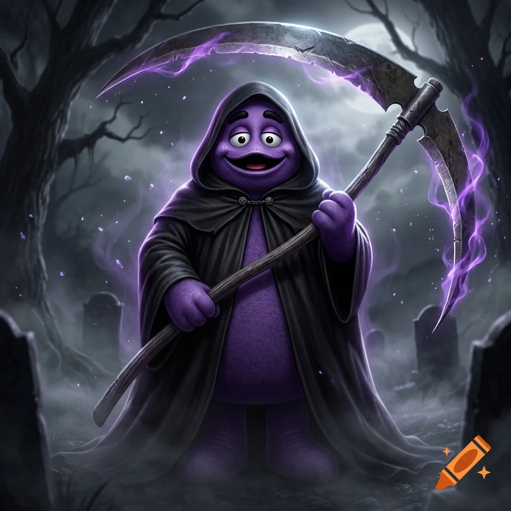 Grimace from McDonald's dressed as the Grim Reaper holding a scythe in a spooky graveyard at night.
