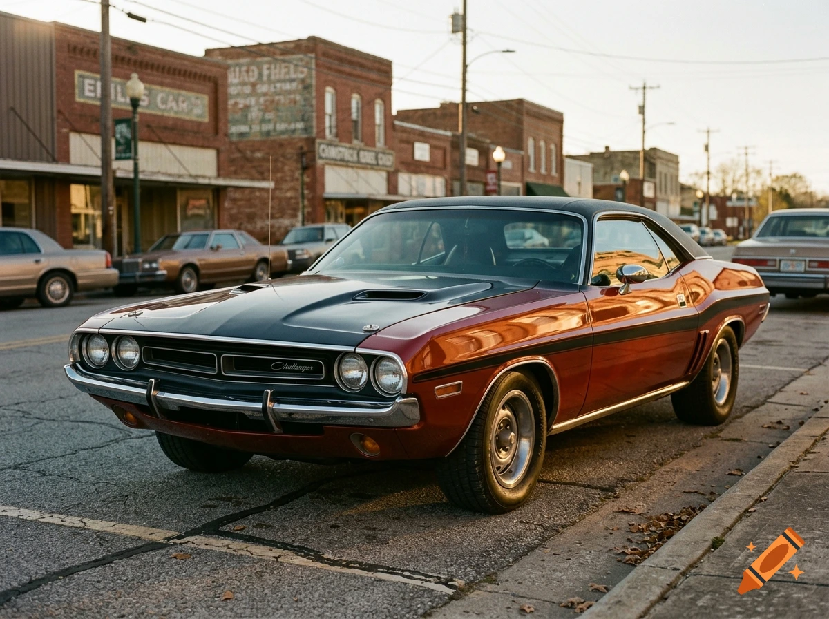 Photorealistic image of a vintage red and black 1970 Dodge Challenger parked on a street in a small town.