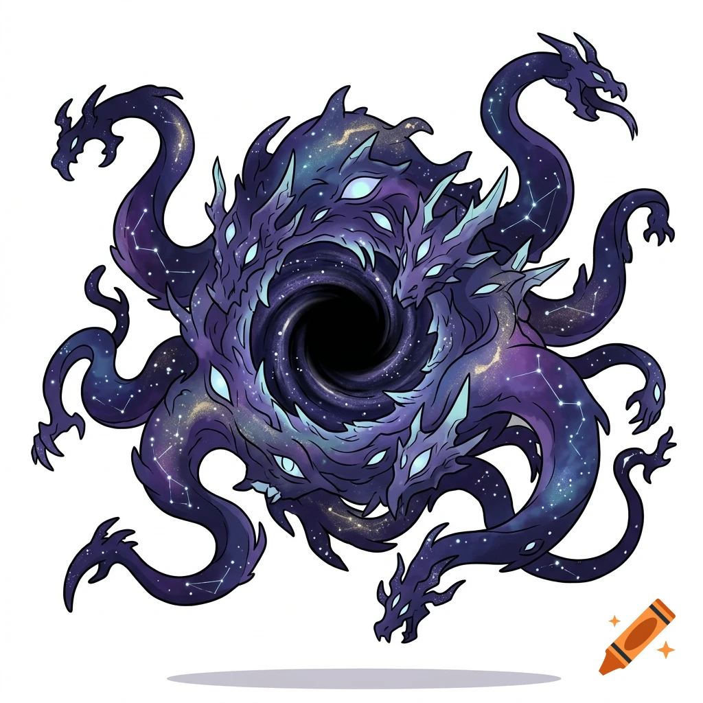 An official-style Pokémon illustration of a cosmic dragon god with a black hole mouth and multiple tentacles, in cel-shaded anime style.