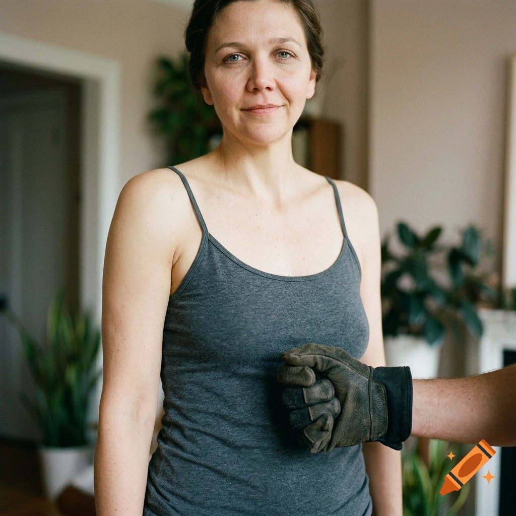 Photorealistic portrait of a woman wearing a gray tank top with a gloved hand near her stomach.