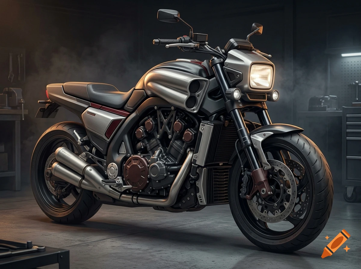 Photorealistic image of a modern, muscular motorcycle in a garage setting with dim lighting and smoke.