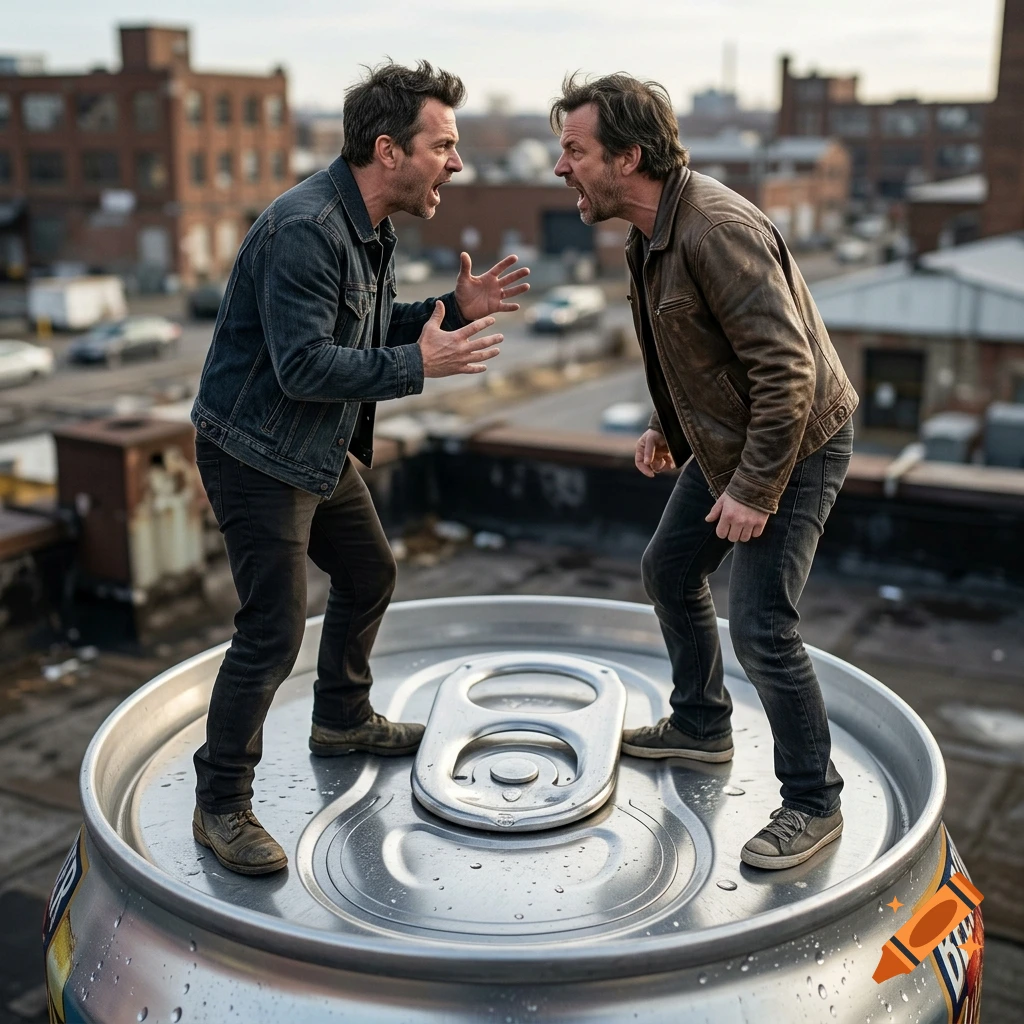 Two men angrily yelling at each other while standing on top of a giant beer can, photorealistic.