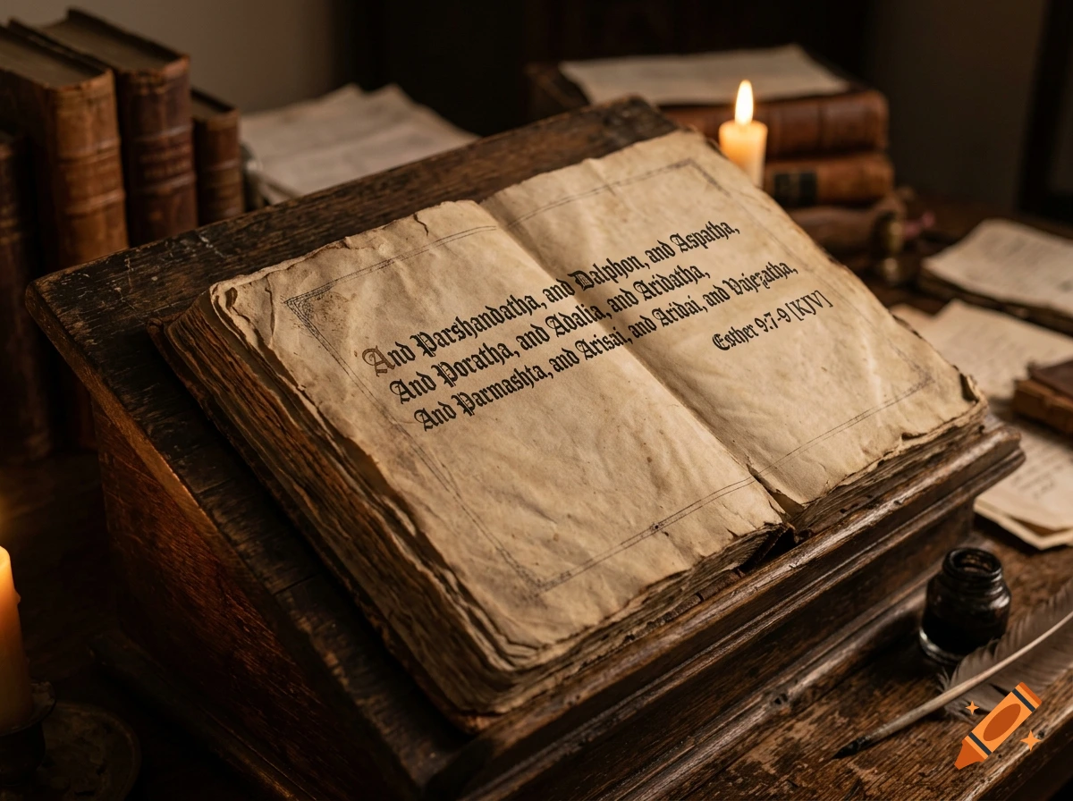An open vintage book on a wooden bookstand, illuminated by candlelight, displaying legible old text from Esther 9:7-9 [KJV].