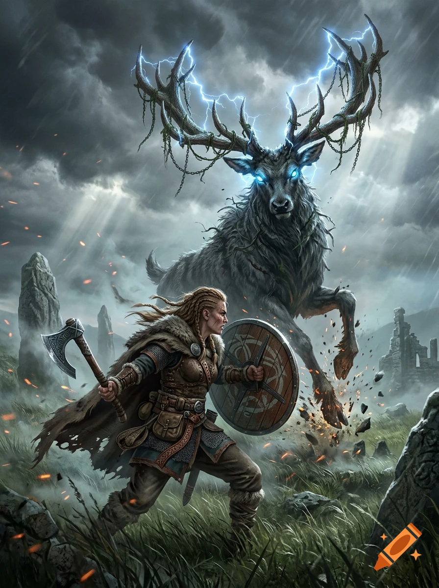 A female Viking warrior in leather armor fighting a glowing, chain-wrapped giant stag with lightning in its antlers, digital art style.