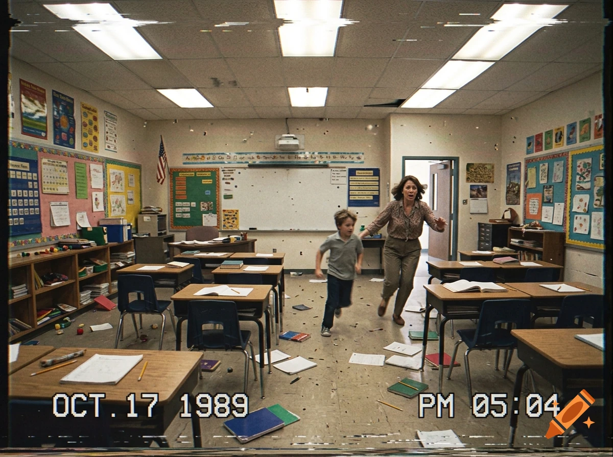 VHS-style video capture of a classroom during an earthquake, with a teacher and student fleeing amid scattered papers and debris.