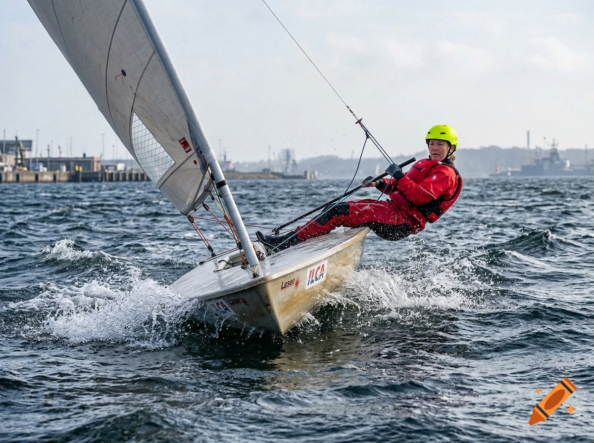 Photorealistic image of a woman in a red drysuit and yellow helmet sailing a Laser/ILCA dinghy on rough water.