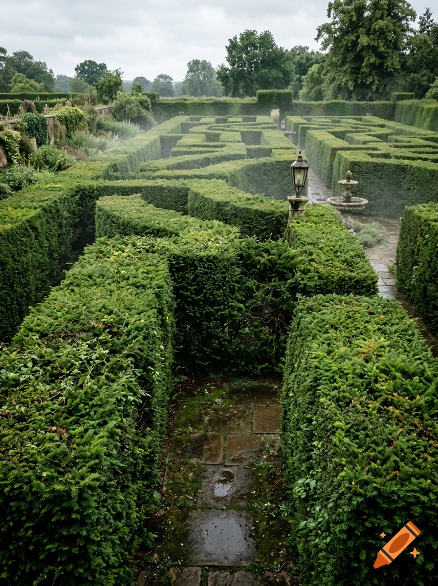 An elevated view of a large, intricate hedge maze with tall green hedges and stone pathways.