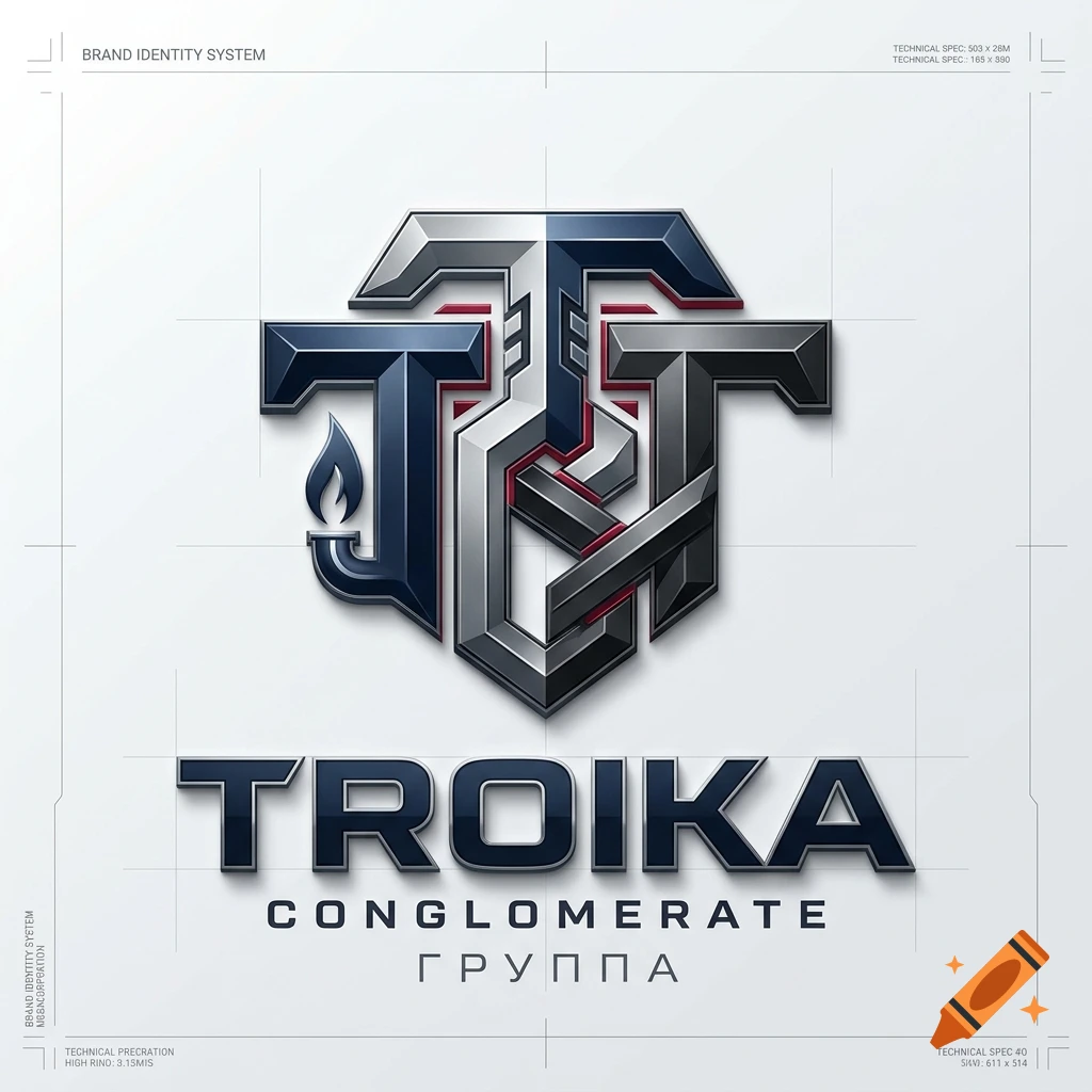 Logo design for Troika Conglomerate with interlocking metallic letters and technical blueprints on a white background.