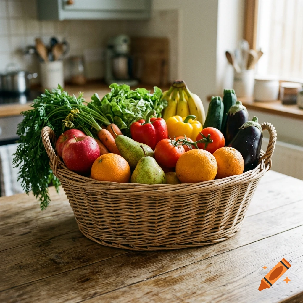 A woven basket filled with fresh fruits and vegetables on a wooden table in a kitchen.