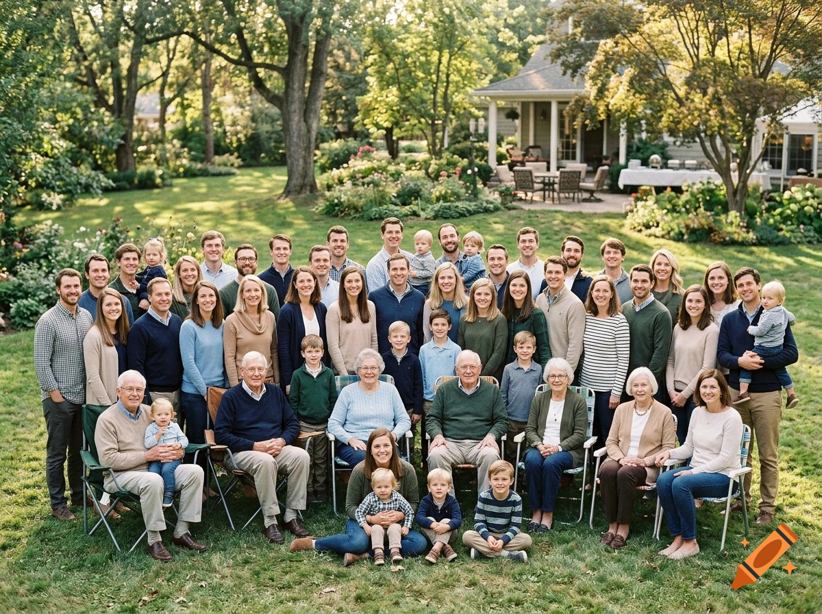 A large multi-generational family gathered on a sunny lawn in front of a house for a reunion group photo.