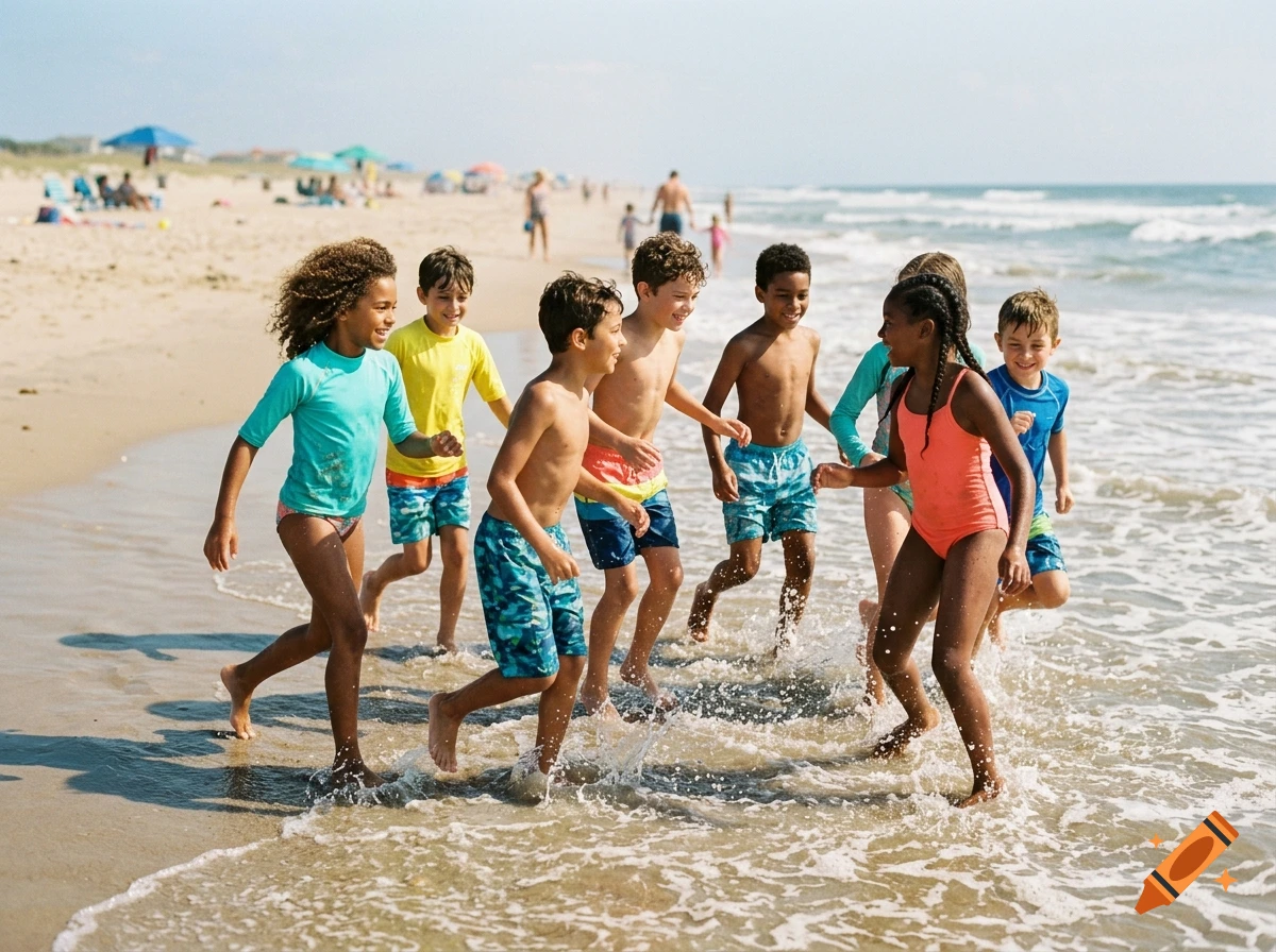 Photorealistic image of young boys and girls playing and splashing in the ocean surf on a sandy beach.