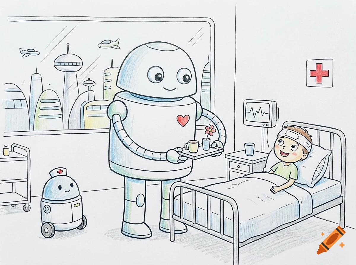 Pencil sketch of a friendly robot bringing a tray to a smiling child in a hospital room, with a futuristic city visible through the window.