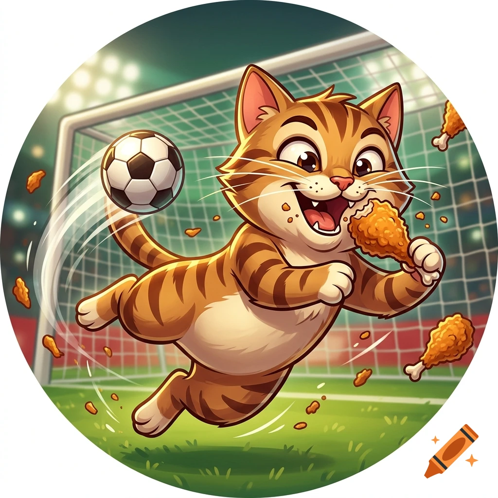 Digital illustration of a cheerful cartoon tabby cat scoring a goal in a soccer stadium while eating fried chicken.