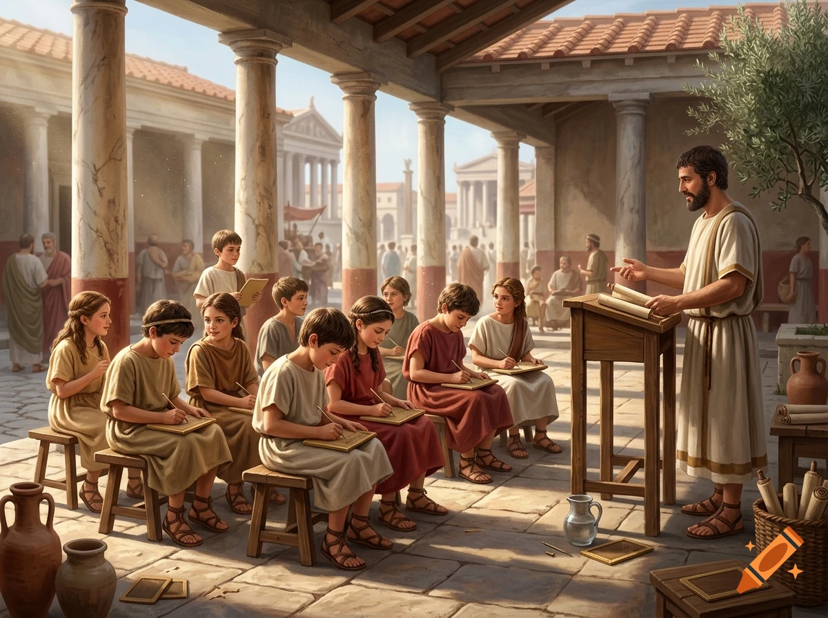 Students learning in an ancient Roman school with a teacher at a podium, photorealistic style.