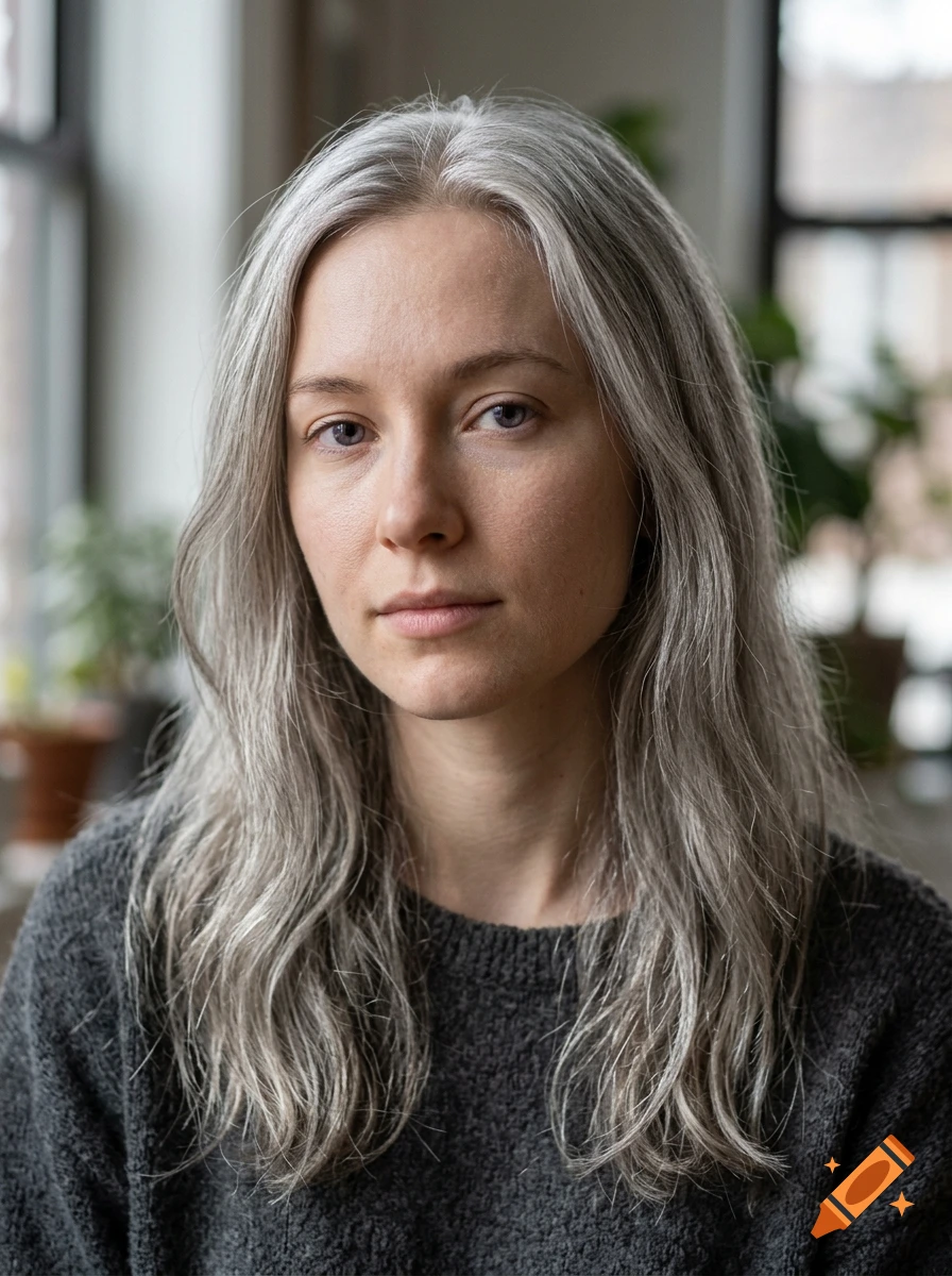Photorealistic portrait of a young woman with long, wavy silver-grey hair and light violet-tinted eyes, wearing a dark grey sweater.