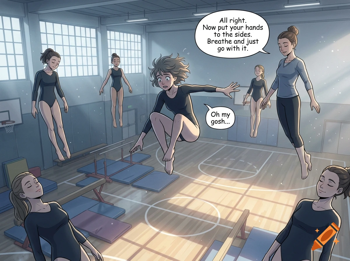 Digital comic illustration of a shocked gymnast floating mid-air in a gymnasium while other gymnasts and a coach hover with closed eyes.