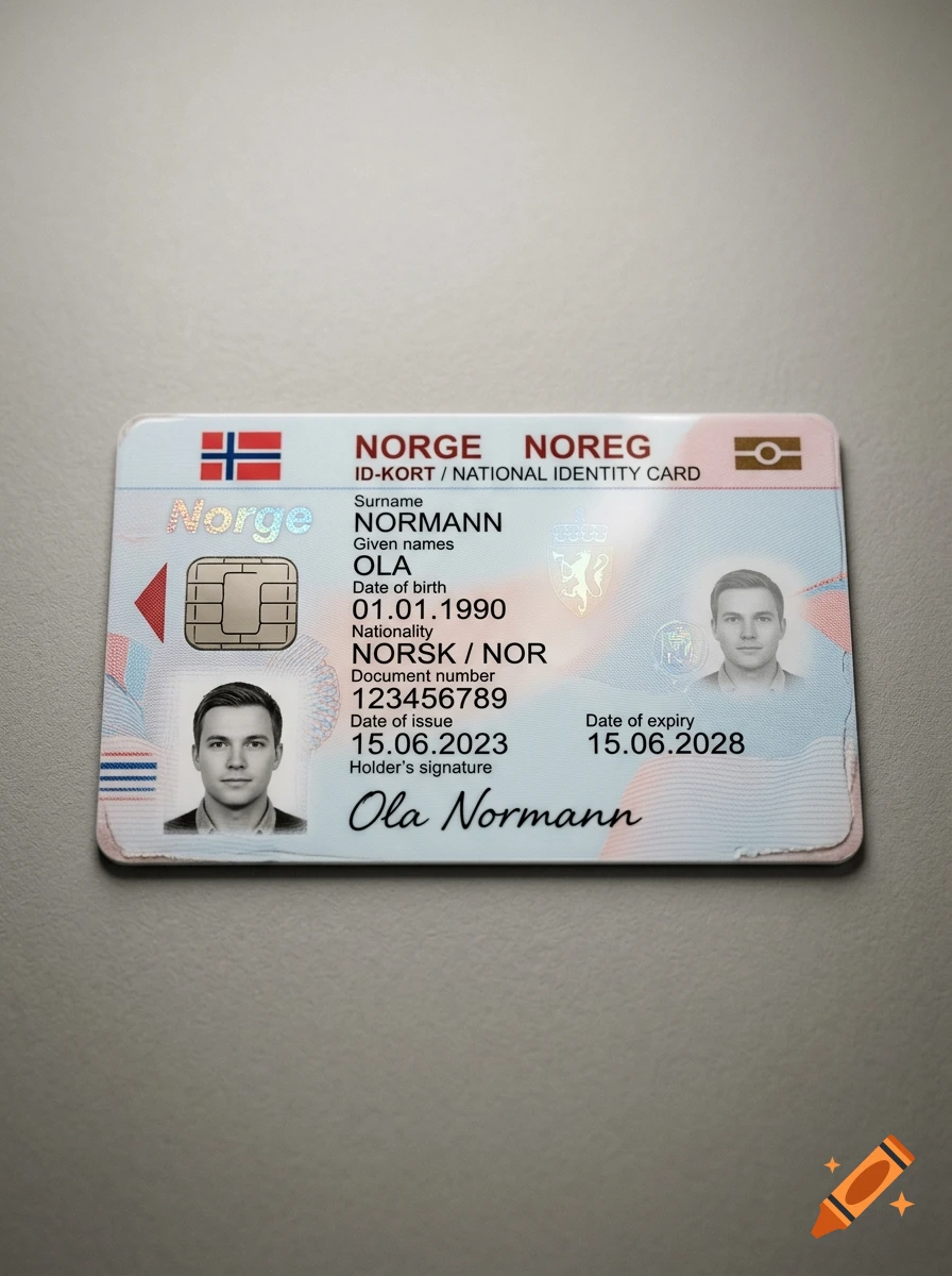 Photorealistic Norwegian national identity card showing personal details, flag, and portrait.