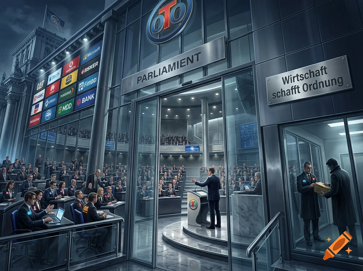 An illustration of a large modern parliamentary building with glass walls, showing politicians seated at desks inside and a speaker addressing them at a podium.