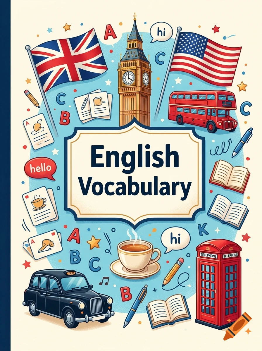 An illustrated cover for an English Vocabulary book featuring iconic British and American symbols including Big Ben, flags, a double-decker bus, and a telephone box.