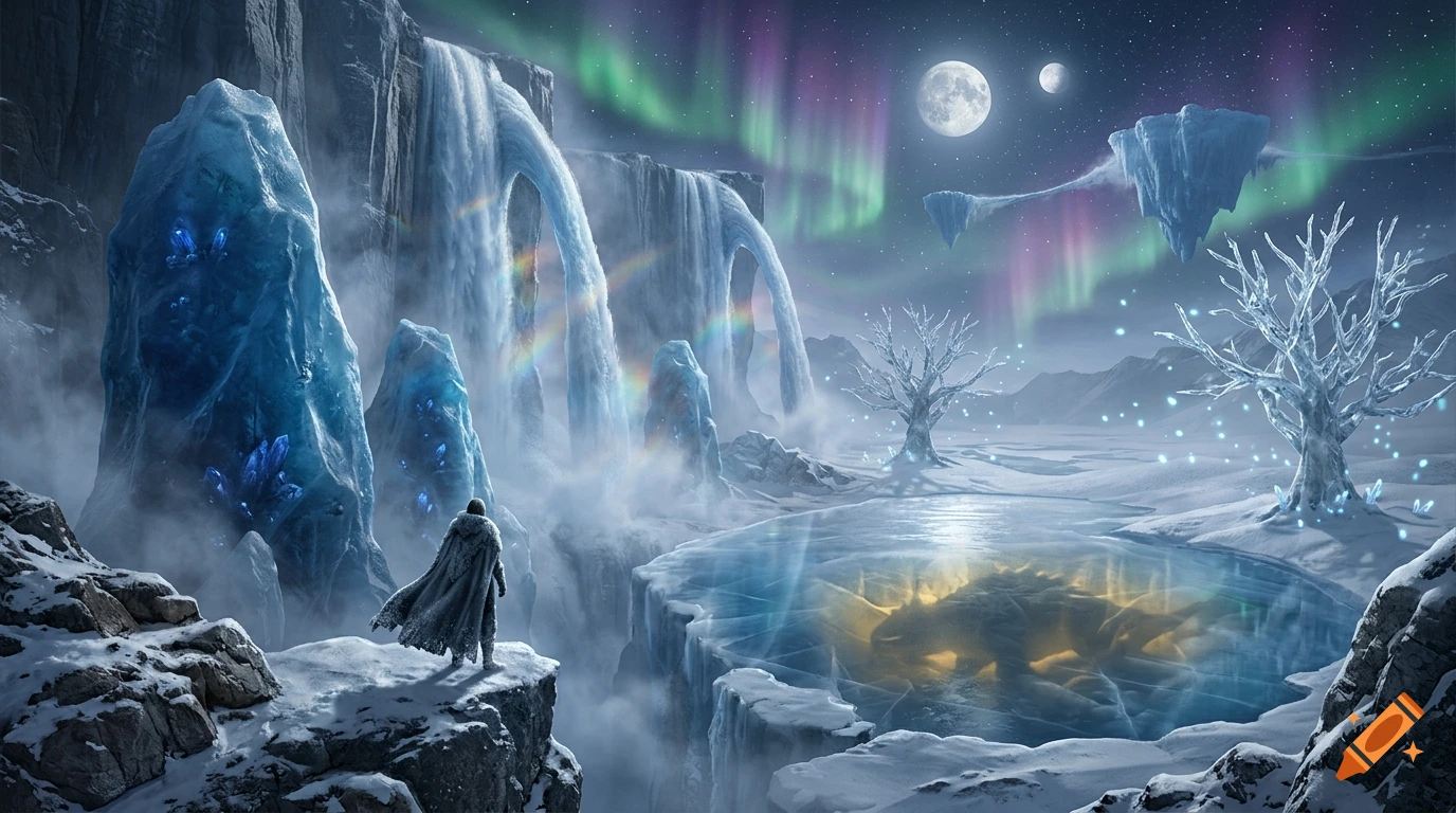 A fantasy winter landscape with a cloaked figure on a cliff, waterfalls, glowing crystal pillars, floating islands, and a large creature frozen in ice under an aurora sky.
